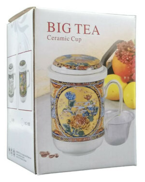 Porcelán teásbögre 330ml BIG TEA 4 féle mintával, peremes tetővel + fém szűrővel