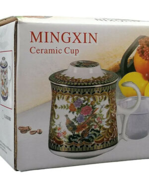 Porcelán teásbögre 260ml MINGXIN 4 féle mintával, kúpos tetővel és fém szűrővel
