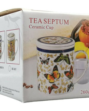 Porcelán teásbögre 260ml SEPTUM 3 féle mintával, lapos tetővel és fém szűrővel